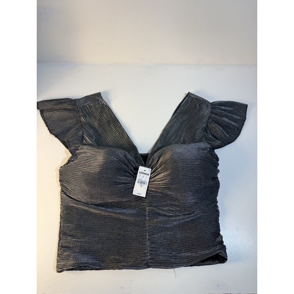 Express Metallic Pleated Flutter Sleeve Crop Top Gunmetal Silver Grey Size M NEW